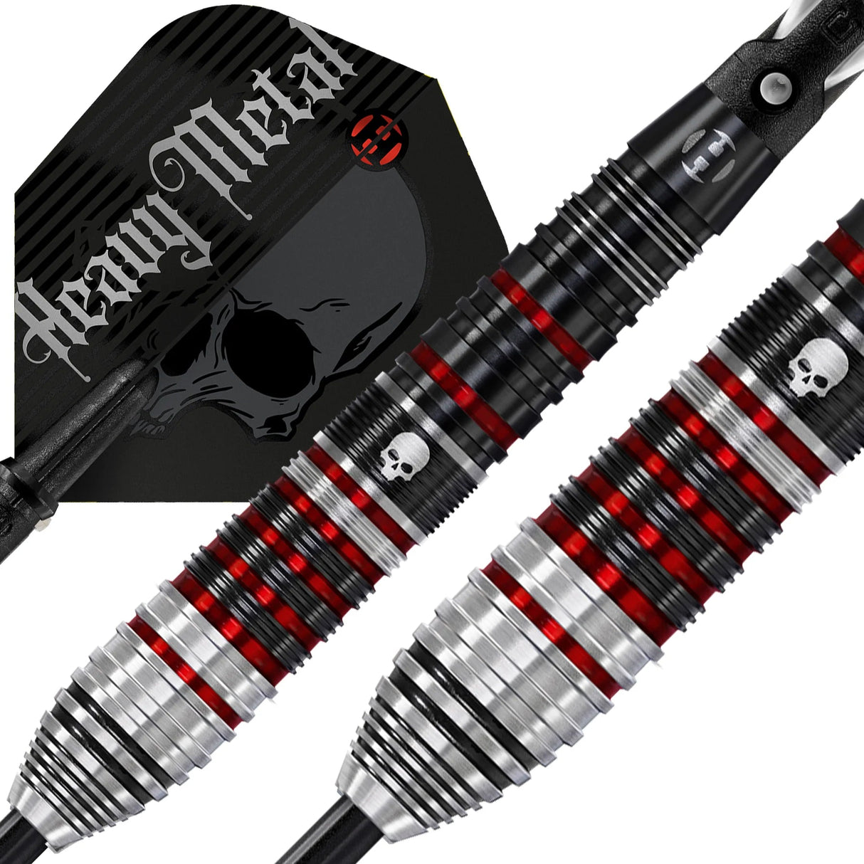 Close-up of 90% tungsten darts showing skull engraving, heavy grip rings, metallic red highlights, and Heavy Metal skull flight