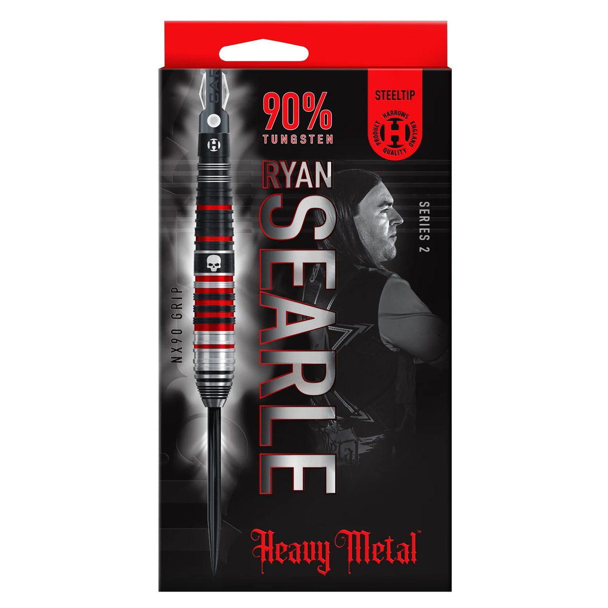 Steel tip tungsten dart showcased in retail packaging, close-up on NX90 grip texture and skull design, heavy metal darts series