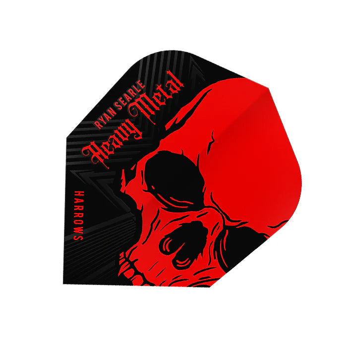 Close-up angled view of Ryan Searle No.6 dart flight with red skull graphic and Heavy Metal motif, isolated on white background.