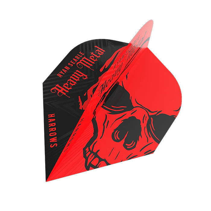 Angled close-up of Ryan Searle No.6 dart flight with bold red skull design, visible fold lines, and clear dart flights text