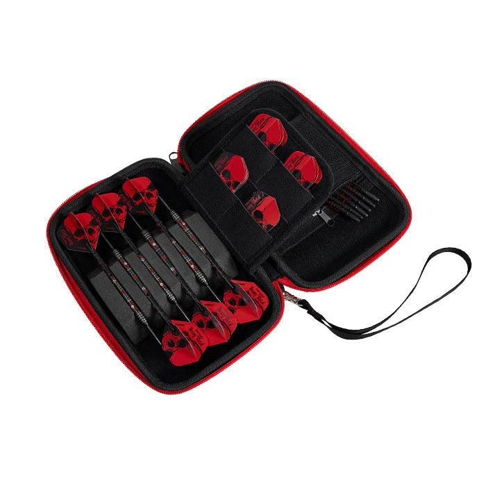 Top-down view of open rigid EVA darts case showing two sets of assembled darts, spare flights, and shafts organized inside