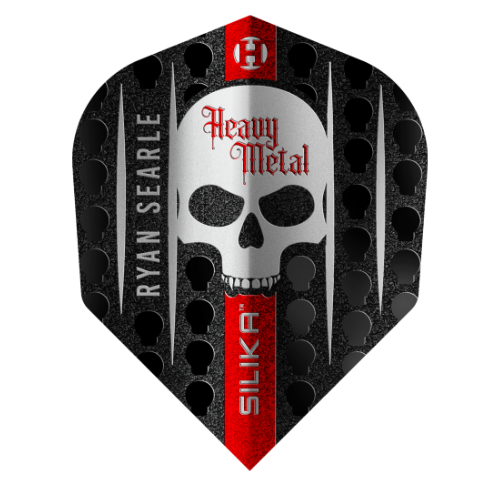 Harrows Ryan Searle Series 3 Silika No.6 dart flight standing upright on a white background, black flight with red and silver player branding