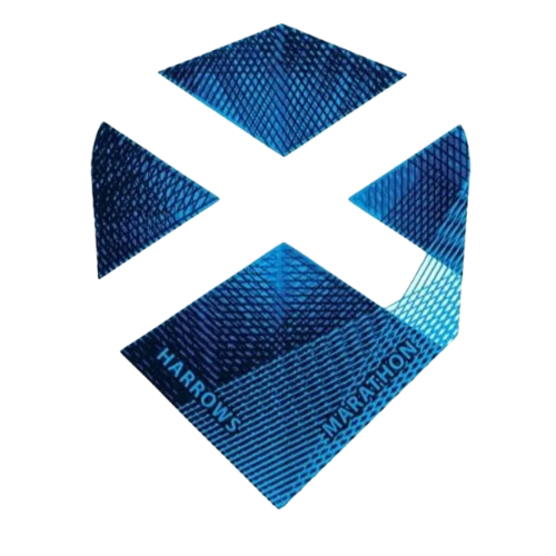 Close-up of Scotland No.6 dart flight with blue textured pattern and white cross, isolated on white, highlights durable 100 micron material