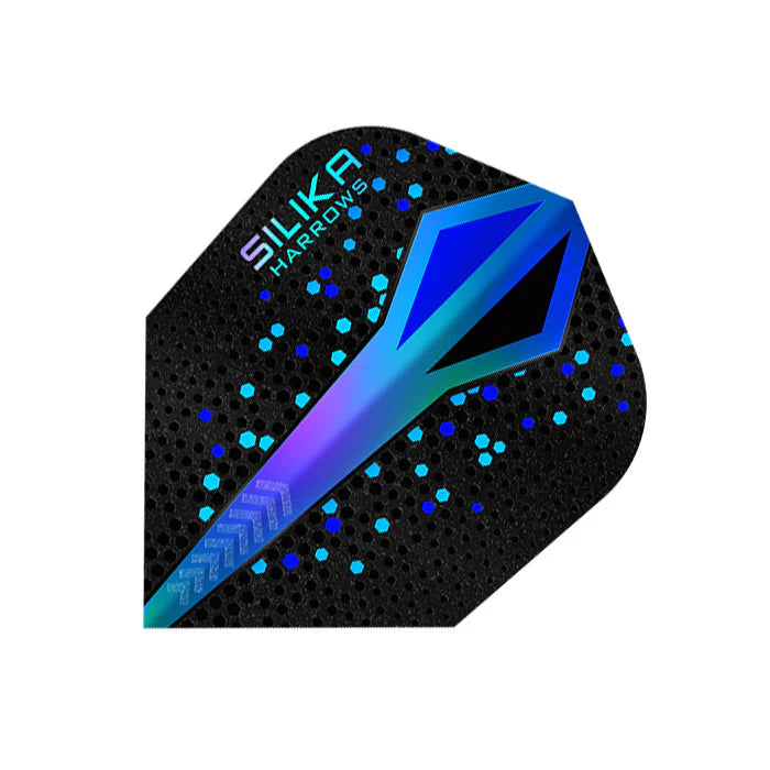 Close-up of Silika Colourshift Blue No.6 dart flight with hexagon texture, blue gradient design, isolated on white for darts setup