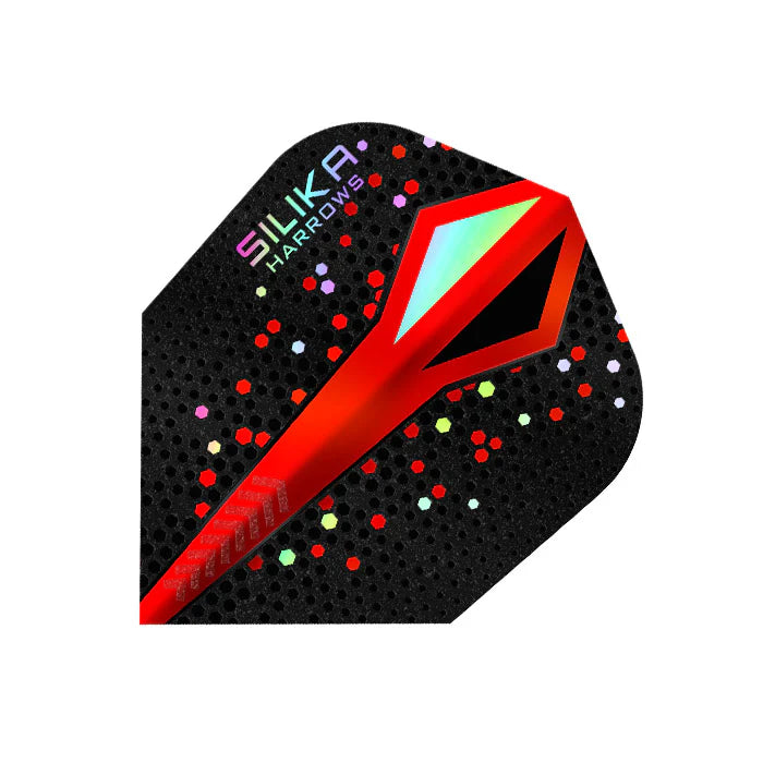 Close-up of Silika Colourshift Red No.6 dart flight with holographic design, textured surface, and vibrant polka dot details on white background