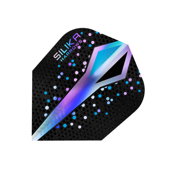 Close-up of Silika Colourshift Silver No.6 dart flight with rainbow geometric design and textured black honeycomb pattern