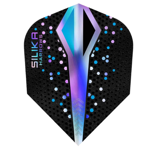 Single Silika Colourshift Silver No.6 dart flight with iridescent pattern, honeycomb texture, and angular design, isolated on white