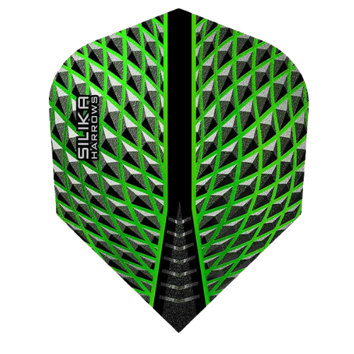 Full view of Silika Green No.2 dart flight, 100 micron thick, textured geometric green-black pattern, isolated on white background