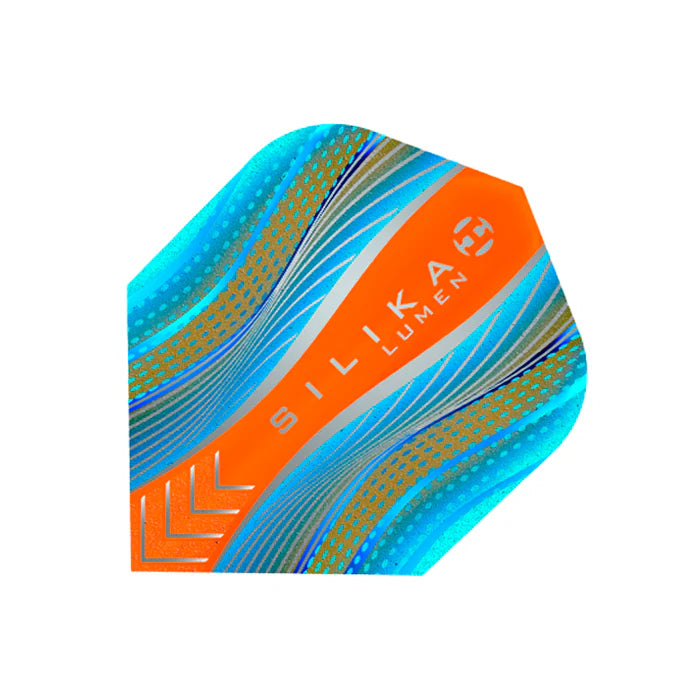 Close-up of a single No.6 dart flight in cyan and orange with Silika Lumen text, isolated on white, showing detailed pattern
