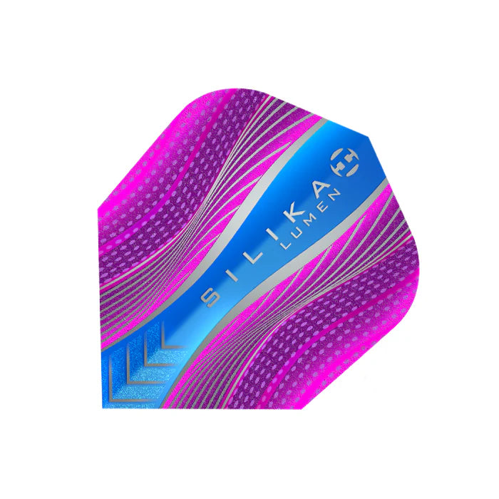 Close-up of single No.6 dart flight, pink and blue Silika Lumen design, isolated on white, highlighting vibrant texture and shape.
