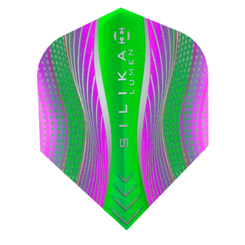 Harrows Silika Lumen Purple and Green No.6 dart flight standing upright on a white background, two tone fluorescent Silika coated flight