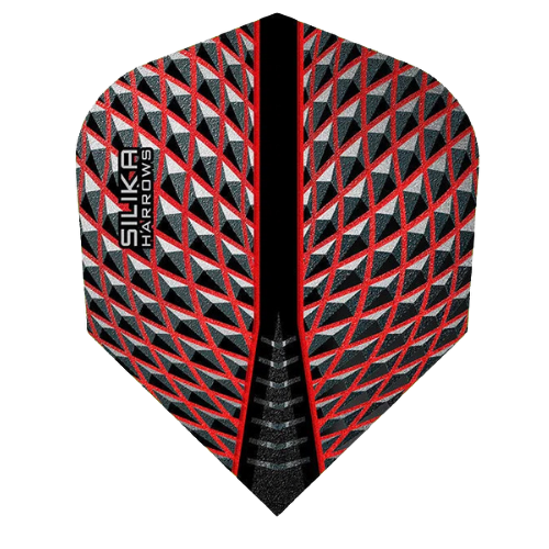 Full view of a Silika Red No.2 dart flight with textured 100 micron material and red-black geometric pattern, isolated on white