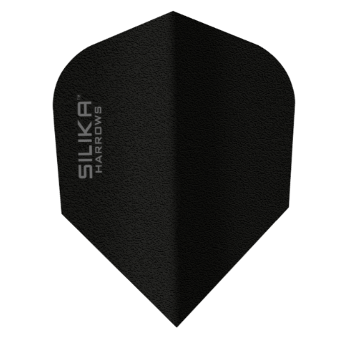 Harrows Silika Solid Black No.6 dart flight standing upright on a white background, solid black Silika coated flight