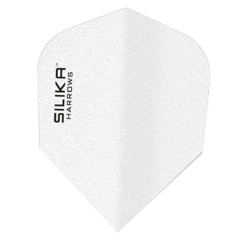 Harrows Silika Solid White No.6 dart flight standing upright on a white background, solid white Silika coated flight