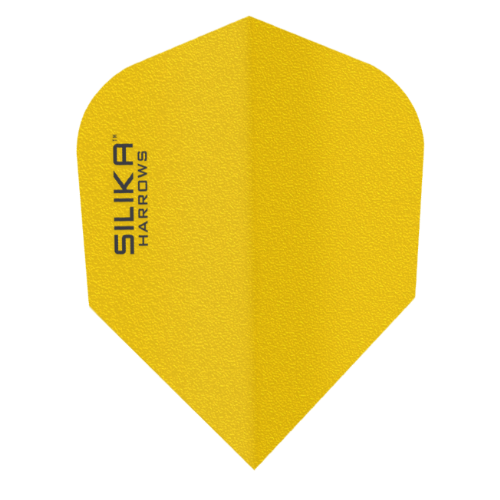 Harrows Silika Solid Yellow No.6 dart flight standing upright on a white background, solid yellow Silika coated flight