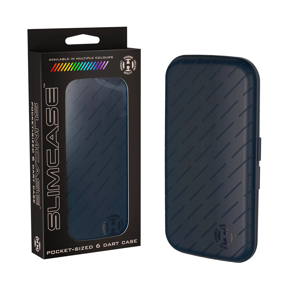 Slim dart case displayed at an angle with packaging, showing pocket-sized design and textured grip pattern for darts storage