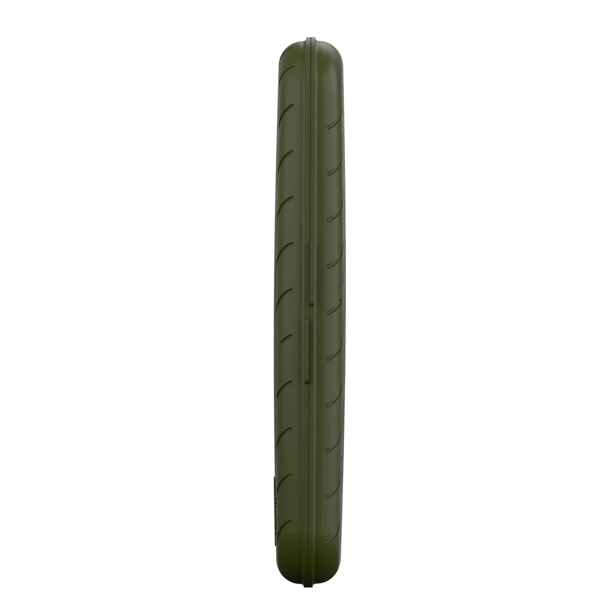 Side view of slim green darts case with curved edges and ridged texture, isolated on white for dart storage
