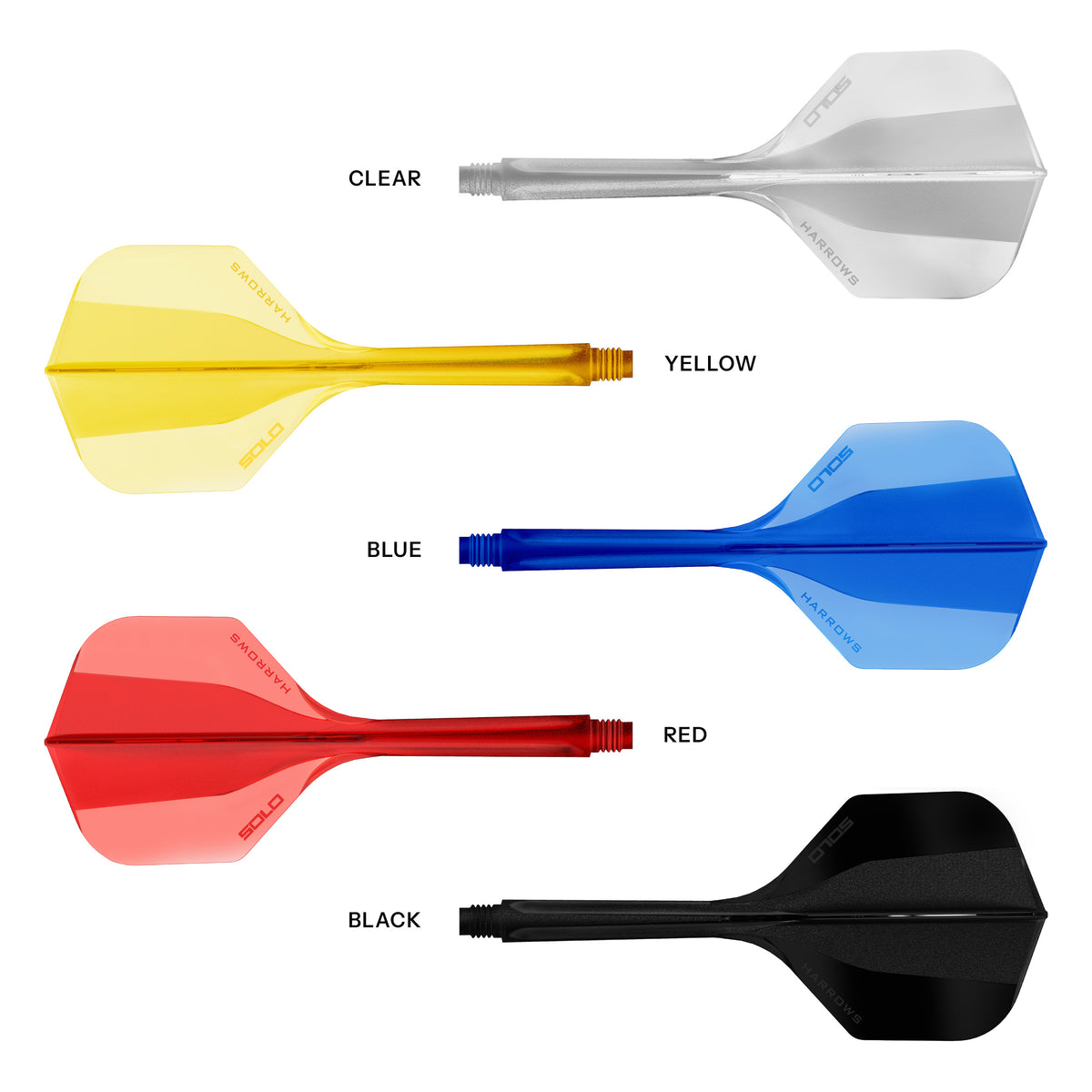 Harrows Solo No.2 integrated flight and shaft in all five colours: clear, yellow, blue, red and black