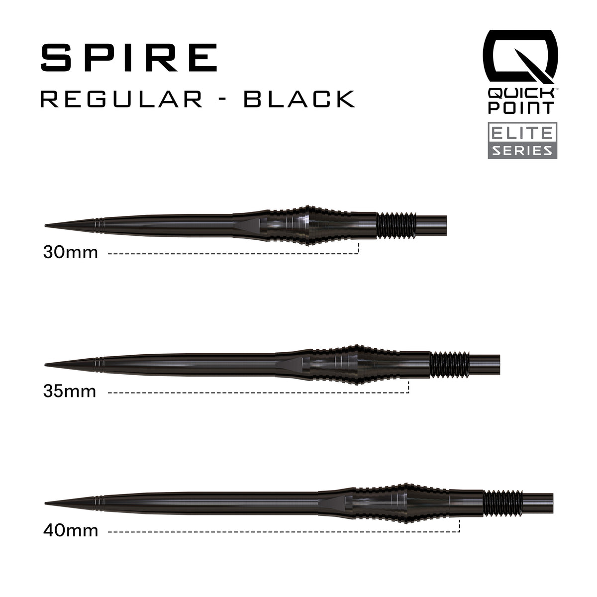 Harrows Spire Quick Point length comparison in black showing 30mm, 35mm and 40mm