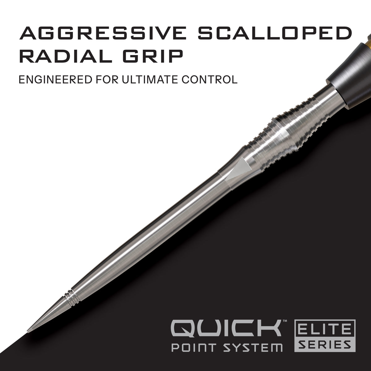 Close-up of the Harrows Spire Quick Point showing the aggressive scalloped radial grip