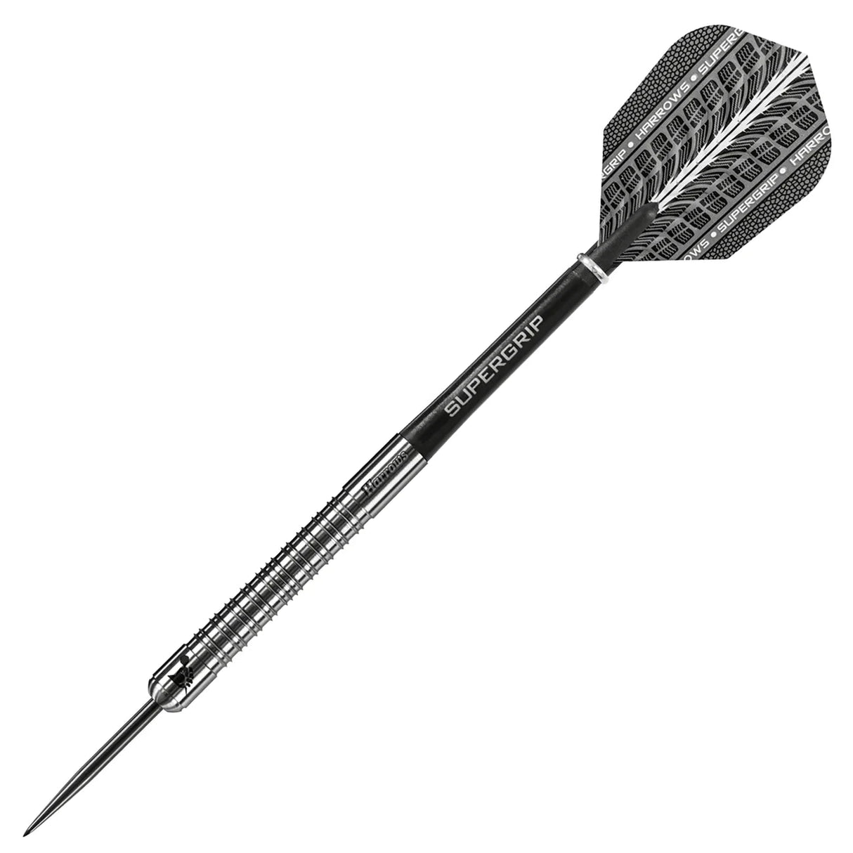 Angled full view of single 90% tungsten dart with grooved barrel, steel tip, black Supergrip shaft, and patterned dart flight on white background