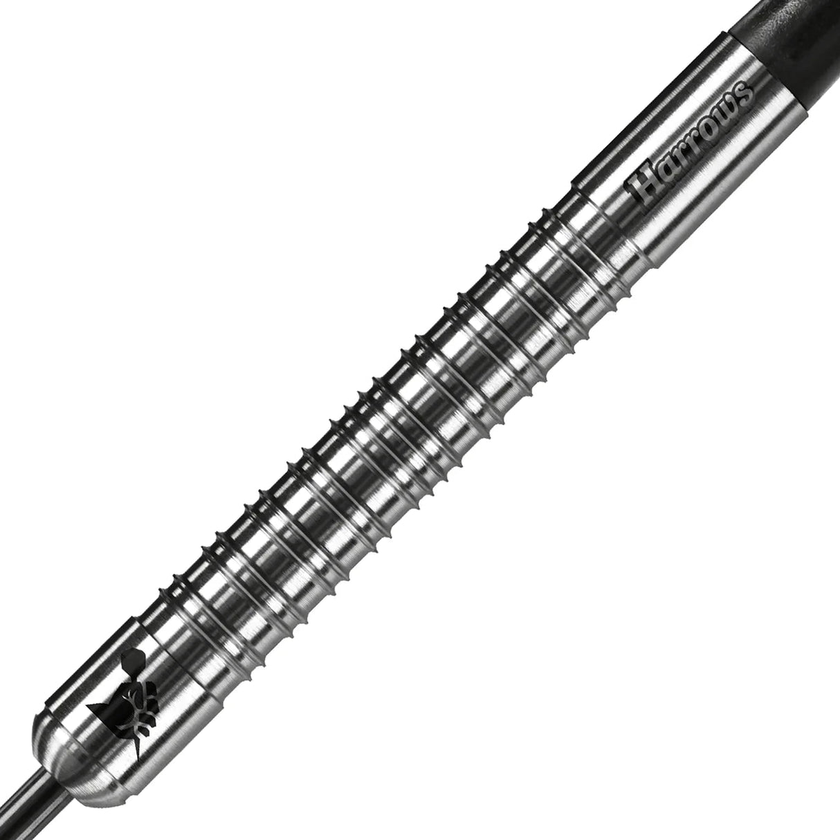 Close-up of 90% tungsten dart barrel showing precision ringed grip and detailed engraving, ideal for advanced dart players