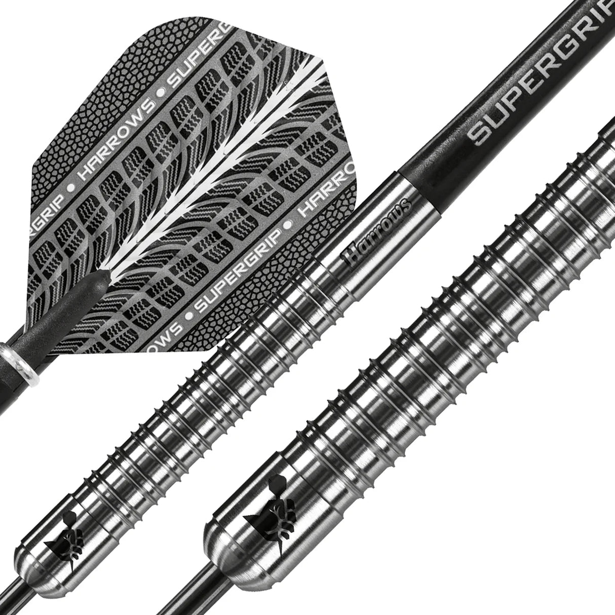 Close-up of 90% tungsten darts with precision ringed barrel grip, engraved detail, and textured Supergrip flight, isolated on white