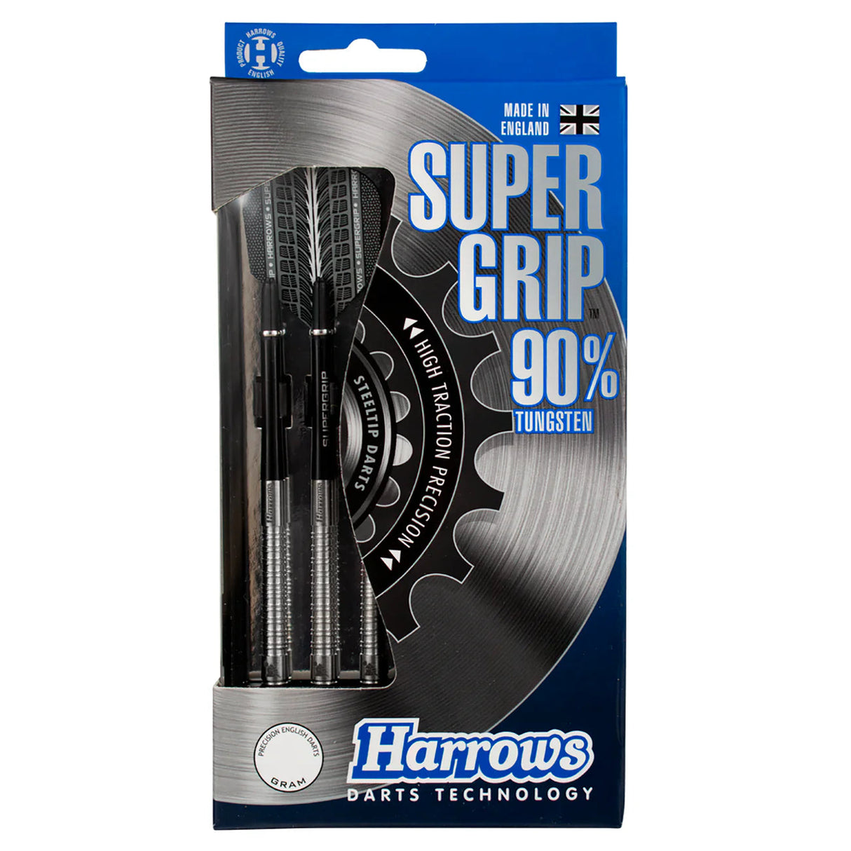 Steel tip tungsten darts set in retail packaging, showing textured grip barrels and black flights for advanced dart players