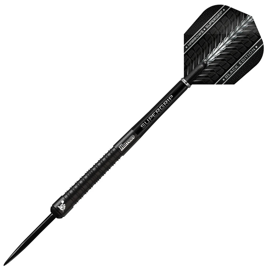 Black 90% tungsten dart with ringed grip, Supergrip shaft, and Black Edition flight, isolated on white background