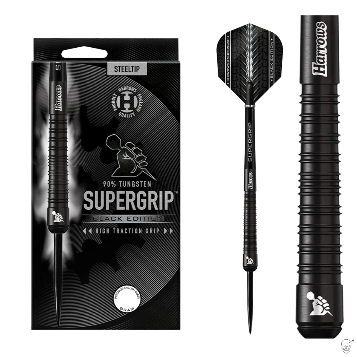 Steel tip tungsten dart displayed in retail packaging, full dart and macro grip barrel close-up on white background