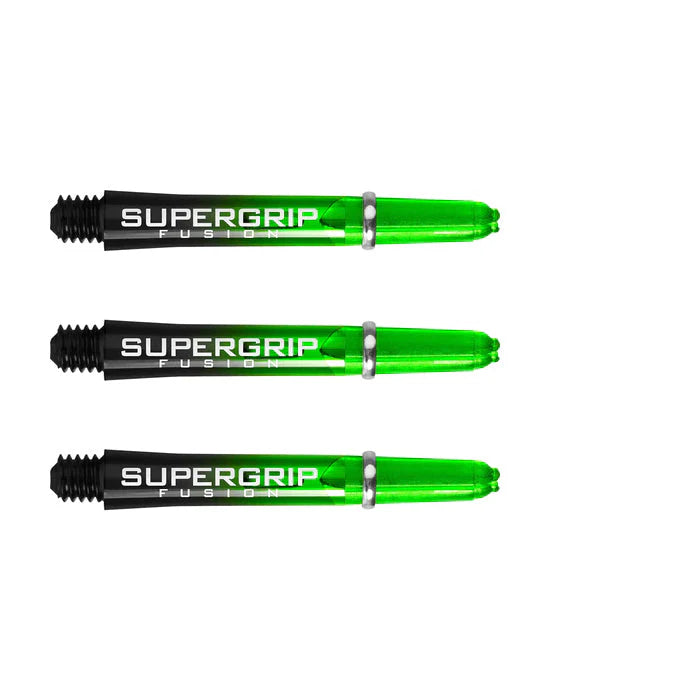 Set of three Supergrip Fusion green and black dart shafts with machined rings, full view isolated on white background