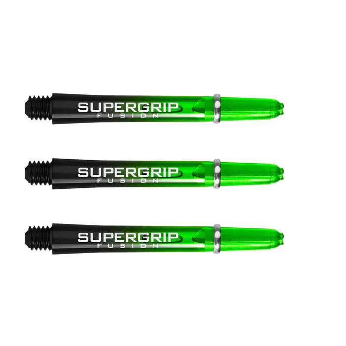 Three green and black Supergrip Fusion dart shafts with machined rings, full side view on white background