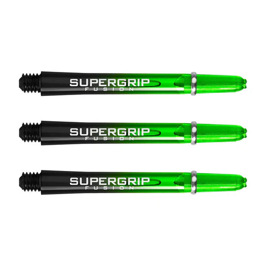 Three Supergrip Fusion dart shafts in black and green with silver rings, full product view on white background