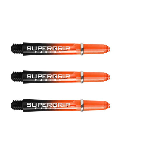 Three Supergrip Fusion dart shafts in orange and black with machined rings, full side view, isolated on white background