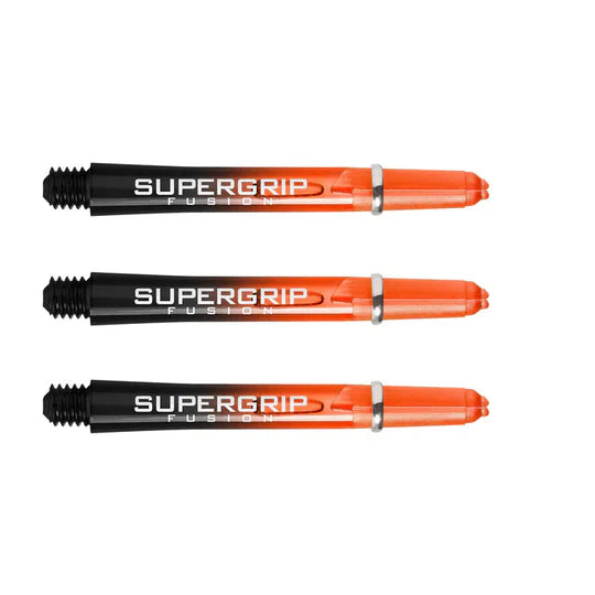 Set of three Supergrip Fusion dart shafts, black and orange, with machined rings, displayed on white background