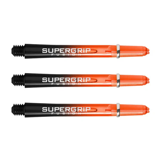 Three Supergrip Fusion dart shafts in black and orange with machined grip rings, full length view on white background