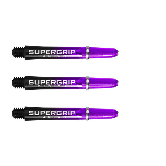 Three Supergrip Fusion dart shafts purple and black with machined rings, full side view, isolated on white background