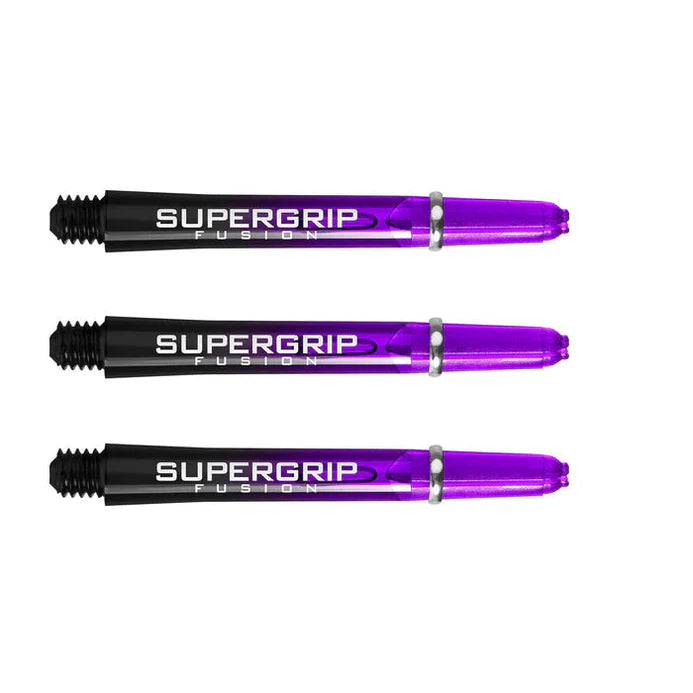 Set of three purple and black Supergrip Fusion dart shafts with metal rings, full product view on white background