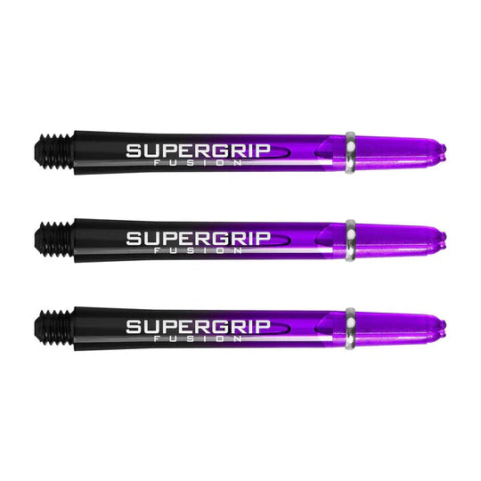 Three Supergrip Fusion dart shafts purple and black, machined rings visible, full view on white background