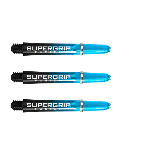 Three Supergrip Fusion dart shafts in blue and black with machined rings, full product view on white background