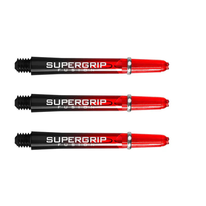 Three Supergrip Fusion dart shafts in red and black with machined rings, full product view isolated on white background