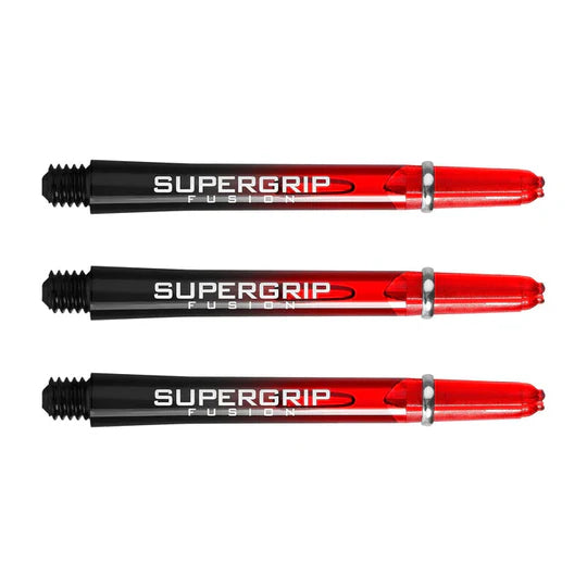 Three Supergrip Fusion dart shafts in black and red with silver rings, full product view on white background