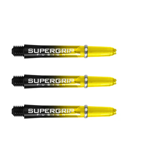 Three yellow and black Supergrip Fusion dart shafts with machined rings, isolated on white background, horizontal display