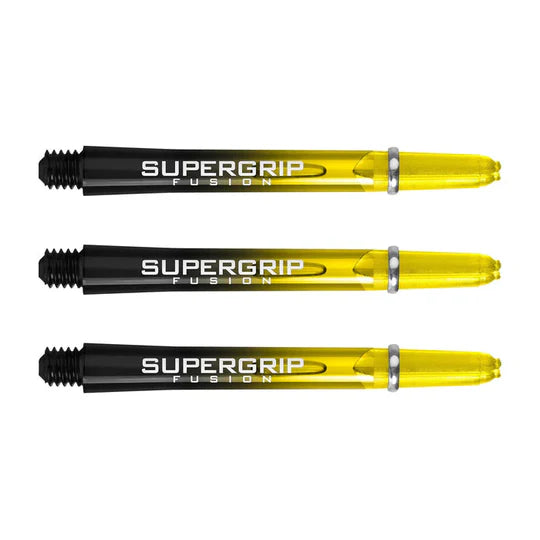 Three Supergrip Fusion dart shafts black and yellow with machined rings, full product view on white background