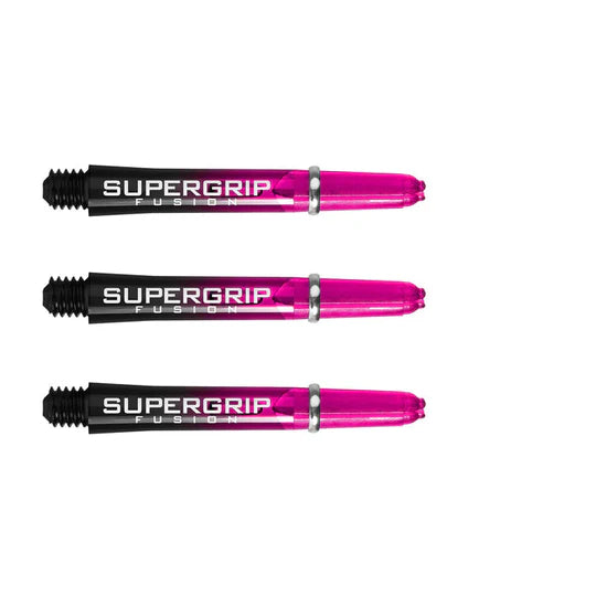 Three pink and black Supergrip Fusion dart shafts with machined rings, full product view on white background