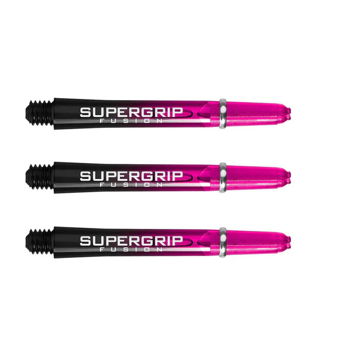 Three pink and black Supergrip Fusion dart shafts with silver rings displayed side by side on white background