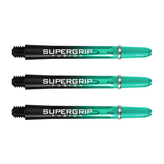 Three Supergrip Fusion dart shafts side by side on white background, showing black and teal design with machined silver rings
