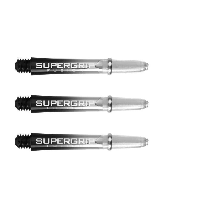 Three Supergrip Fusion dart shafts in clear and black, side-by-side, showing threaded tips and machined rings on white background