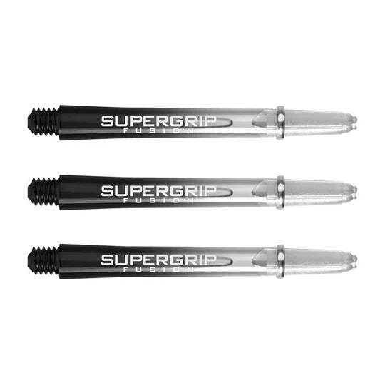 Three Supergrip Fusion dart shafts with machined rings, full-length view, black to clear design, isolated on white background