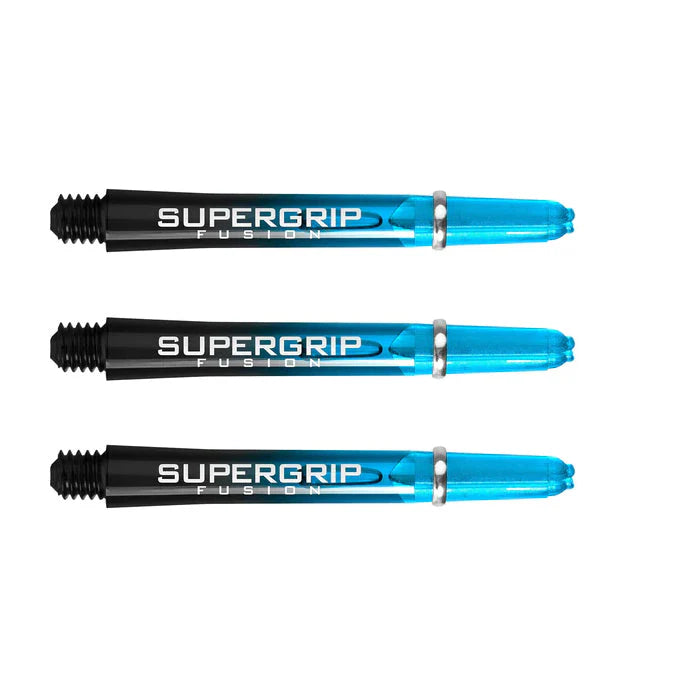 Set of three Supergrip Fusion dart shafts with blue tips and silver rings, full product view on white background